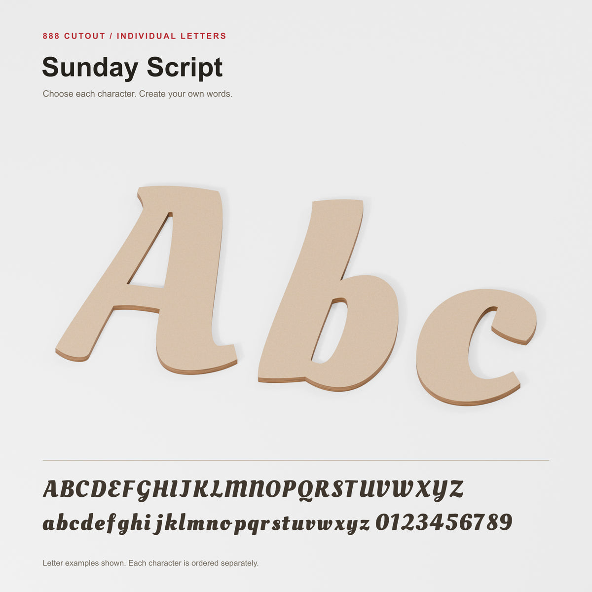 Sunday Script — labelled font example with actual cut outline; product visualisation